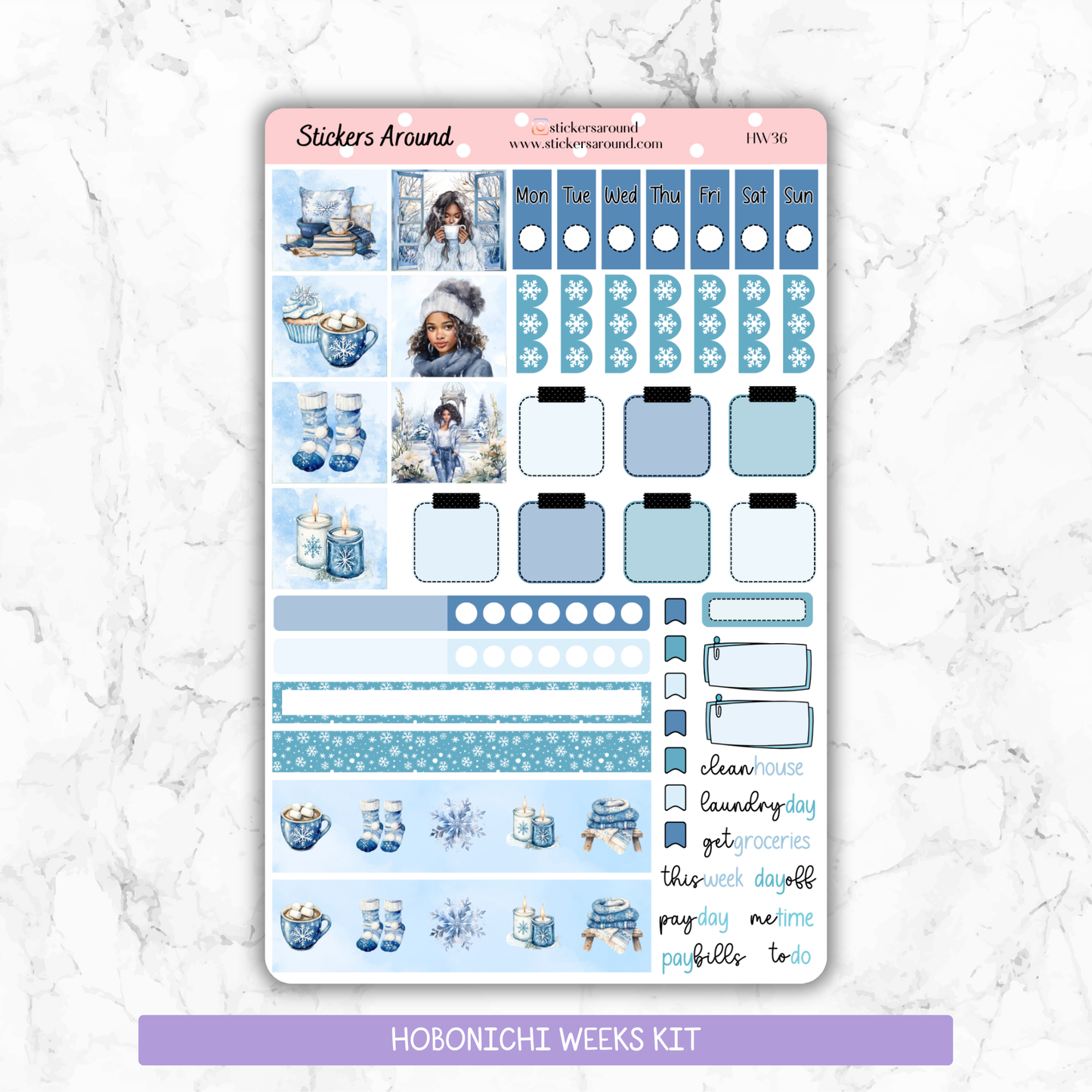 Blue Winter (Black Girl version)- Hobonichi Weeks Planner Stickers