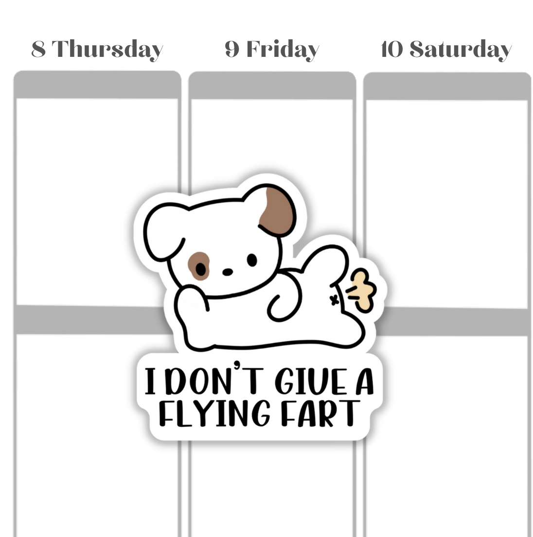 farting dog laminated die cut sticker, laminated vinyl die cut sticker, farting dog sticker