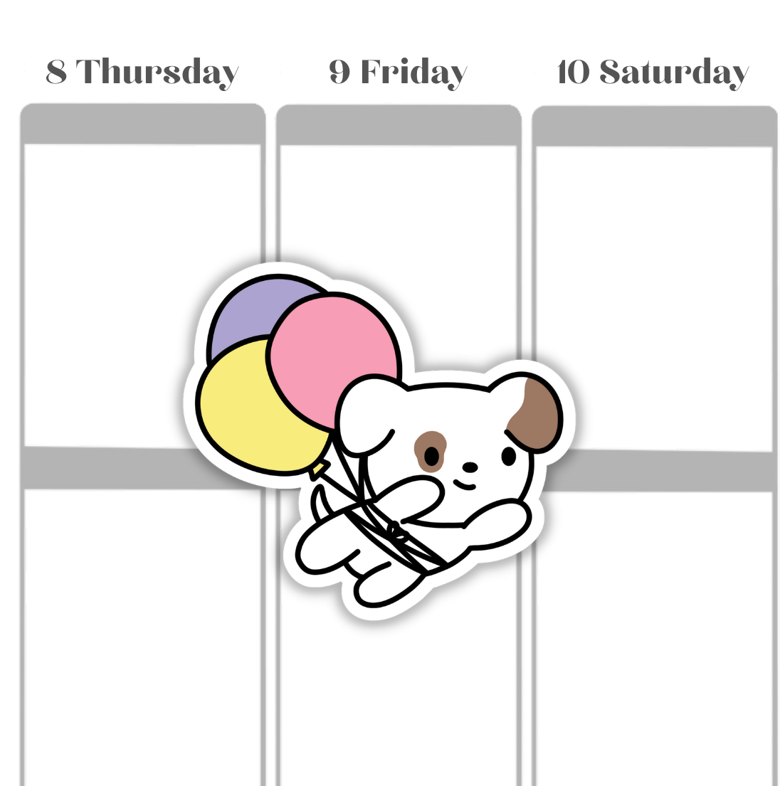 dog with balloons die cut sticker, laminated vinyl die cut sticker