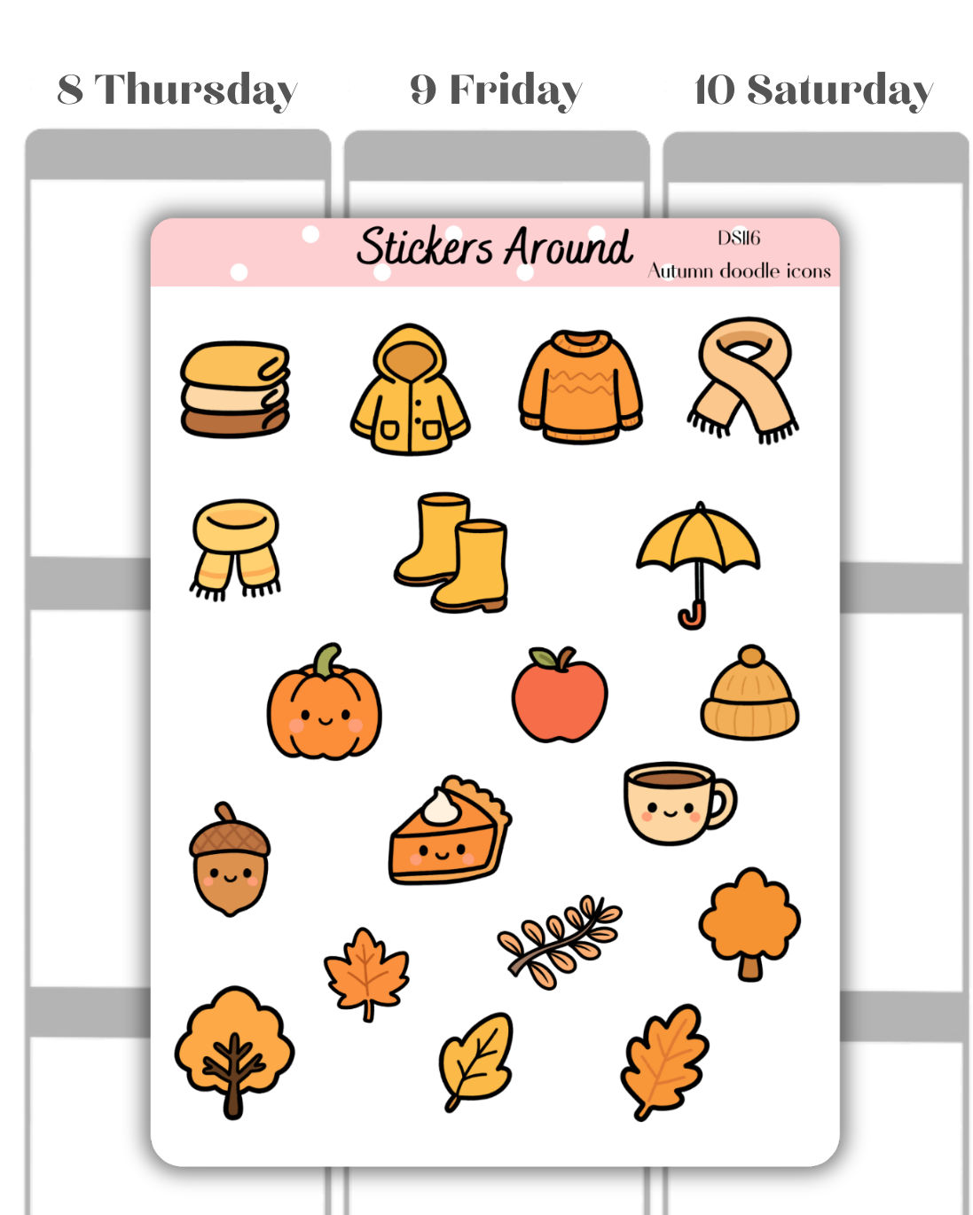 Autumn / Fall Doodle Icons Decorative Sticker Sheet – Cute Seasonal Planner Stickers for Journals, Scrapbooks & Stationery Lovers
