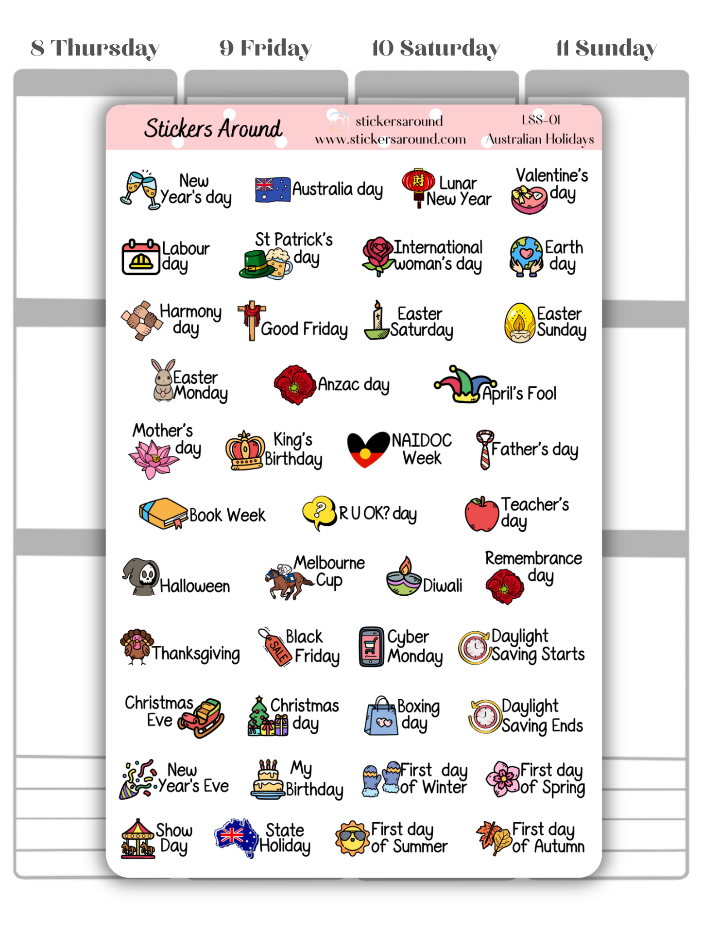 Aussie Public Holiday Script Planner Sticker - Large Sheet | Australian Festival Script Stickers