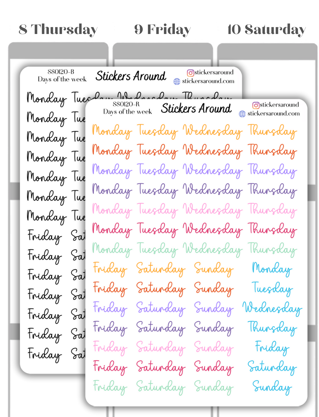 Months and Days of the Week Script Planner Sticker - Font 3