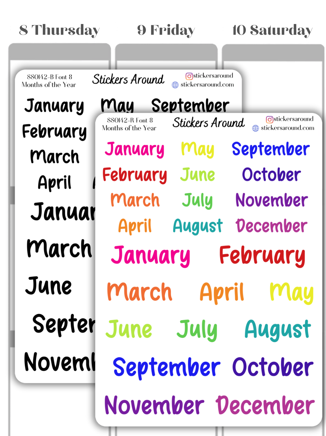 Months and Days of the Week Script Planner Sticker - Font 8