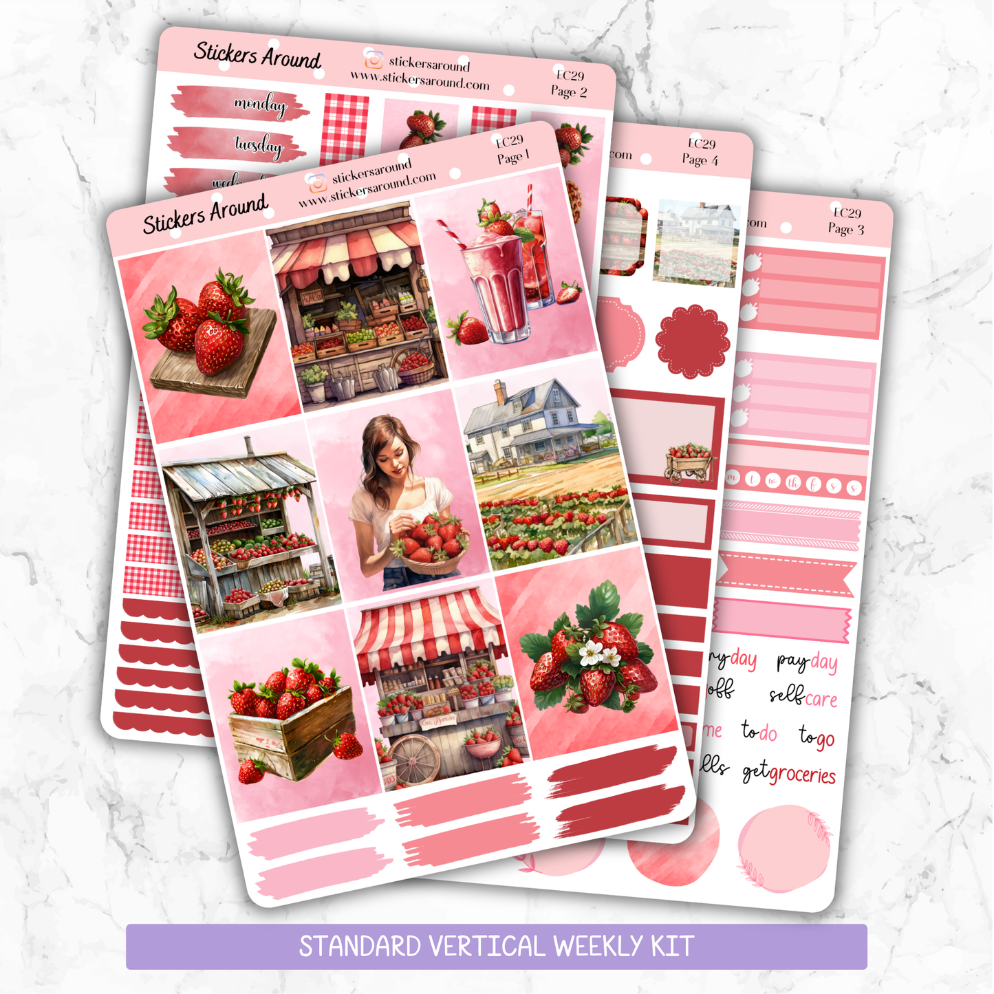 Strawberries - Vertical Weekly Kit Planner Stickers (New Format)