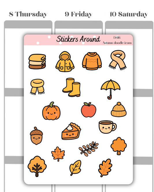 Autumn / Fall Doodle Icons Decorative Sticker Sheet – Cute Seasonal Planner Stickers for Journals, Scrapbooks & Stationery Lovers
