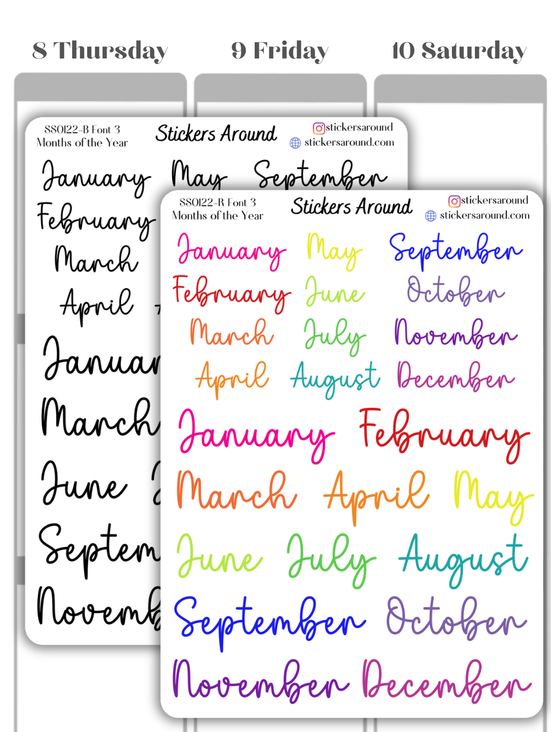 Months and Days of the Week Script Planner Sticker - Font 3